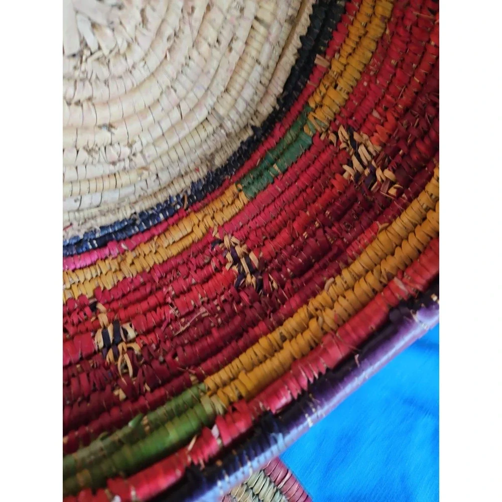Handwoven Coiled Basket Lidded Storage Rustic Primitive Leather Polychrome 10